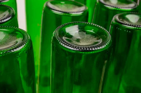 Empty wine bottles in a plastic dryer on the table. Close up. Stock Photos