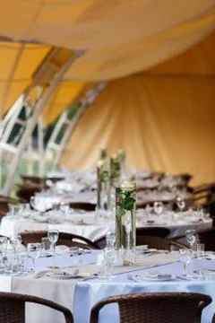 Empty wine glasses restaurant interior serving, beautifully served wine glasses Stock Photos