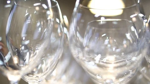 Empty wine glasses set in a row, several angles of shooting Stock Footage 107077675