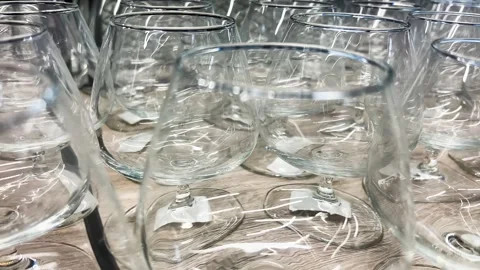 Empty Wine Glasses on Store Shelf, New Crystal Glassware Display in Kitchenware Stock Footage 295702597