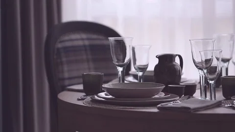 Empty wine glasses on the table, a panorama from left to right Stock Footage 75968829