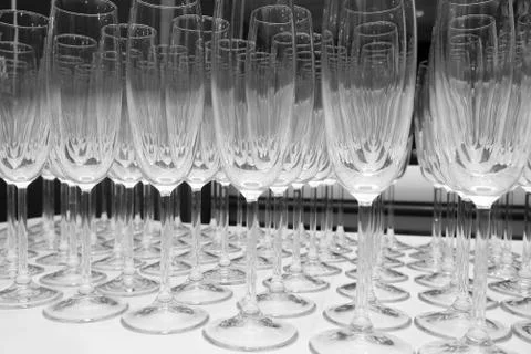 Empty wine glasses on table ready for serving Stock Photos