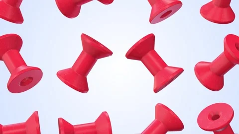 Empty Wire Spools Falling on a Light Blue Background. Red Wire Spool 3D. 4K Stock Footage 301519884