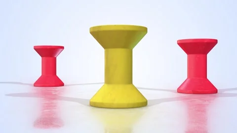 Empty Wire Spools on a Light Reflective Floor. Plastic Wire Spool 3D Animation. Stock Footage 301526084