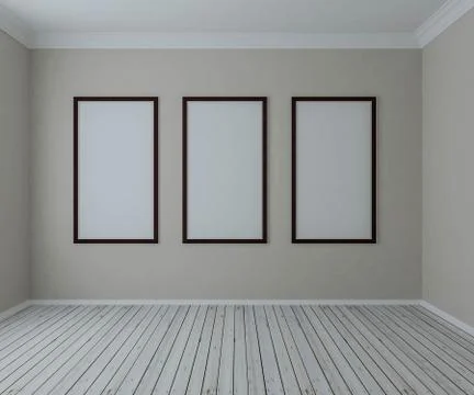 Empty wood frames on empty wall. For mockup. 3D Illustration Stock Photos