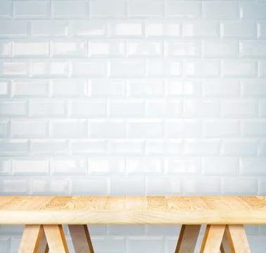 Empty wood modern table and white ceramic tile wall in background,Mock up tem Foto stock