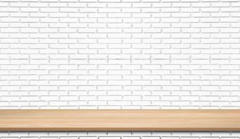 Empty wood plank shelf at white brick wall pattern background. Design for pro Ilustración de archivo