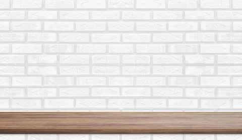 Empty wood plank shelf at white brick wall pattern background. Design for pro Stock Photos
