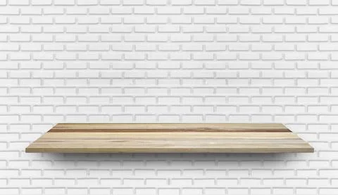 Empty wood plank shelf at white brick wall pattern background. Design for pro Stock Photos