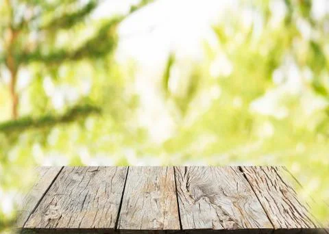 Empty wood plank table top with blur green nature leaves background bokeh lig Stock Photos