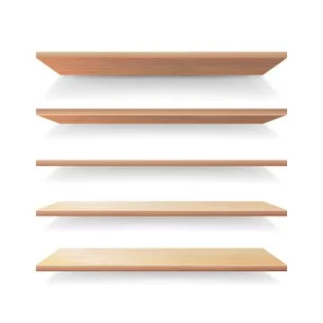 Empty Wood Shelves Template Vector Set. Realistic 3D Retail Store Wooden Shelves Illustrazione stock