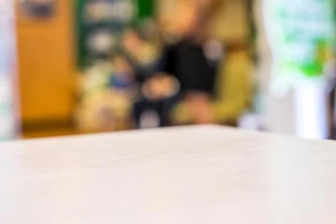 Empty wood table and blurred cafe light background. product display template. Stock Photos