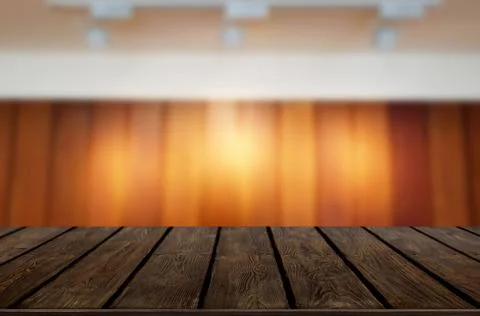 Empty wood table and blurred booked cafe light background. product display te Stock Photos