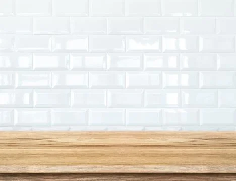 Empty wood table and  white ceramic tile brick wall in background,Mock up tem Stock Photos