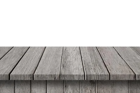 Empty wood table on isolate white background and display montage with copy sp Stock Photos