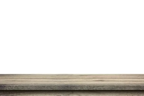 Empty wood table on isolate white background and display montage with copy sp Stock Photos