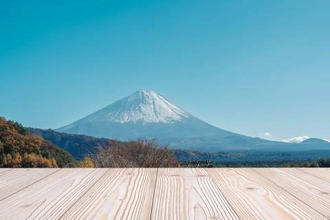 Empty wood table mockup with Mount Fuji view at Saiko Iyashino Sato Nenba b.. Stock Photos