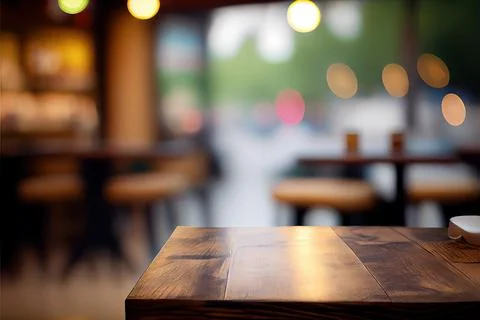 Empty wood table for product display in blur background of restaurant at night Stock Illustration