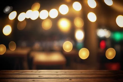 Empty wood table for product display in blur background of restaurant at night Stock Illustration