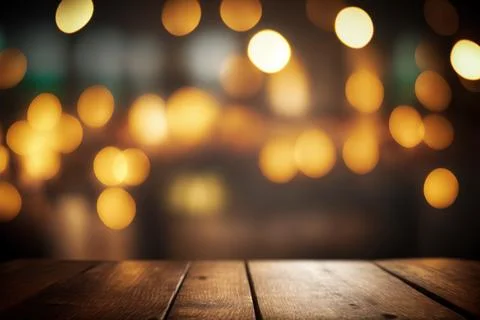 Empty wood table for product display in blur background of restaurant at night Stock Illustration