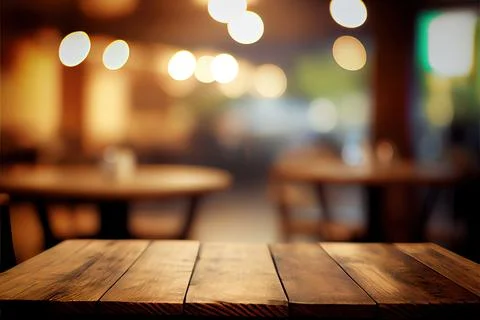 Empty wood table for product display in blur background of restaurant at night Stock Illustration