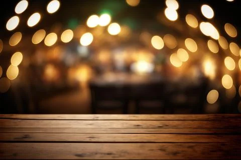 Empty wood table for product display in blur background of restaurant at night Stock Illustration