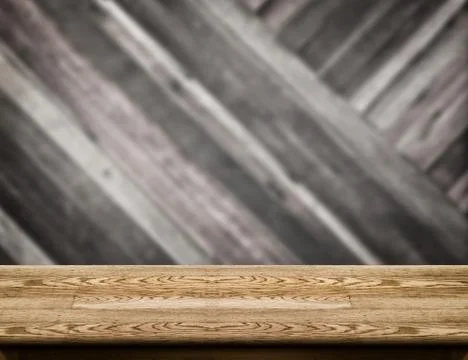 Empty wood table top with blur diagonal wood wall,Product display template Stock Photos