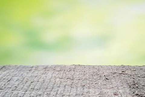 Empty wood table top on blur abstract green from garden and house in morning  Stock Photos