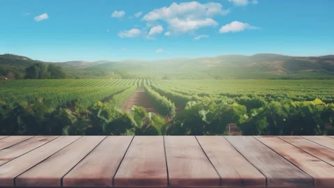 Empty wood table top with on blurred vineyard landscape background. Looping Stock Footage 252585620