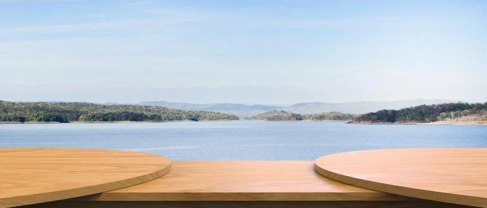 Empty wood table top of mountain view island and beach abstract background Stock Illustration