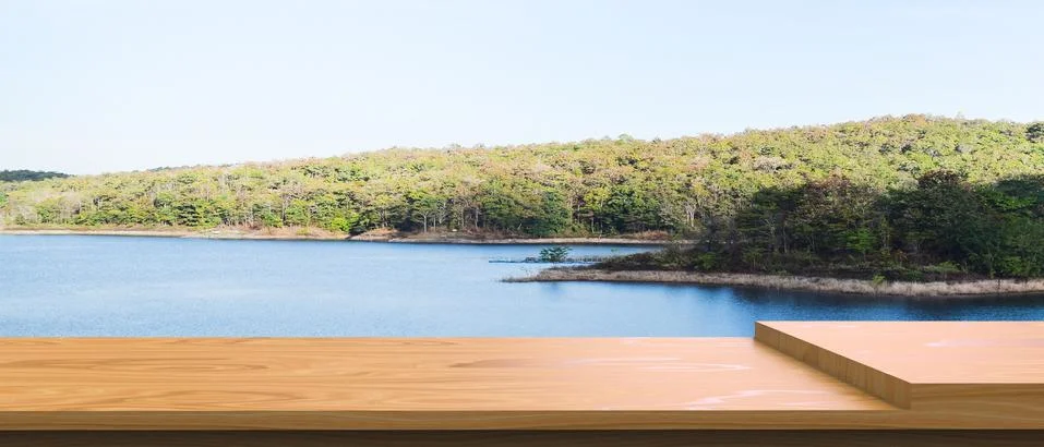 Empty wood table top of mountain view island and beach abstract background Illustration