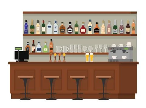 Empty wooden bar counter. Shelves with alcohol bottles. Stock Illustration
