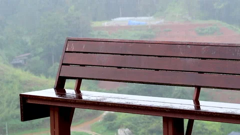Empty wooden bench in the light rain in park. Unpredictable springtime weather. Stock Footage 142053210