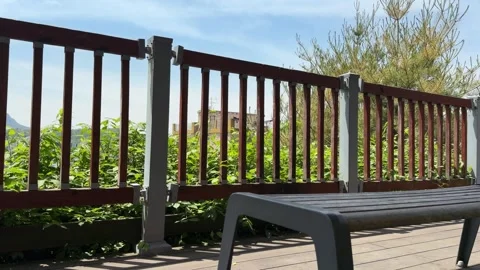 Empty Wooden Bench on a Park Deck with Red Railing, Blue Sky and Bushes Stock Footage 339287018