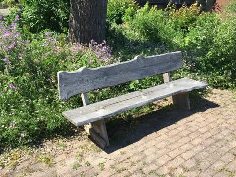 Empty wooden bench on a paved interlocking stone pathway. Stock Photos
