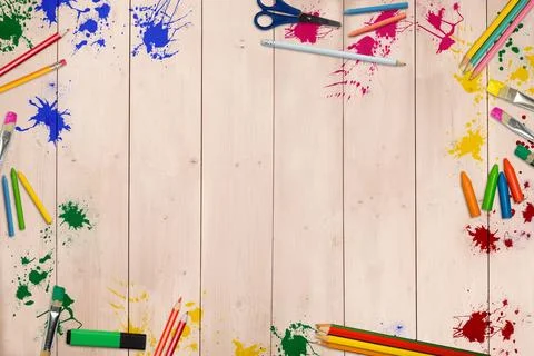 Empty wooden board in flat design is showing art supplies and colorful paint Stock Photos