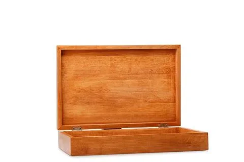 Empty wooden box open on white background Stock Photos