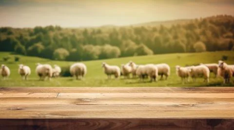 The empty wooden brown table top with blur background of sheep pasture Stock Photos