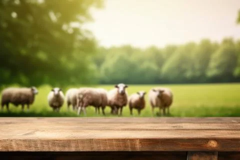 The empty wooden brown table top with blur background of sheep pasture Stock Photos