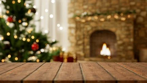 Empty wooden counter table aside Christmas tree and blurred lighting golden.. Stock Illustration
