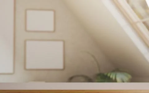 Empty wooden countertop table across white frame on wall and sunlight from .. Stock Illustration