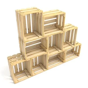 Empty wooden crates arranged Side view 3D Illustrazione stock