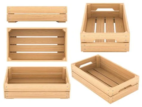 Empty wooden crates, different views and angles. 3D rendering Empty wooden... Stock Photos