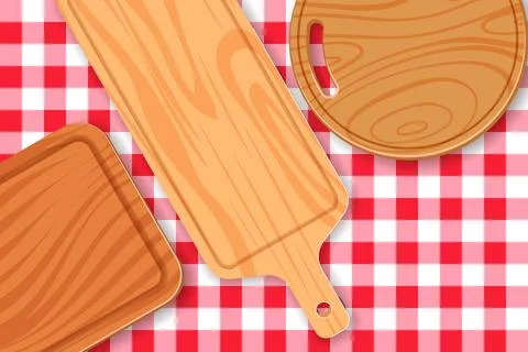 Empty wooden cutting boards in different shapes on red checkered tablecloth o Stock Illustration