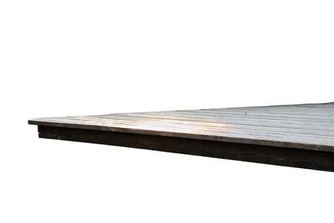 Empty wooden deck isolated on white background. Perspective view of weathered Stock Photos
