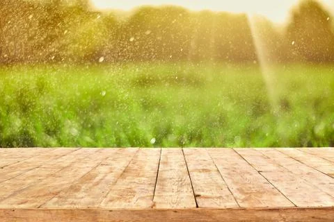 Empty wooden deck table with foliage bokeh background. Ready for product disp Foto stock