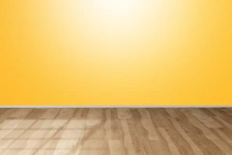 Empty wooden deck table over gradient orange white wallpaper background Illustrazione stock