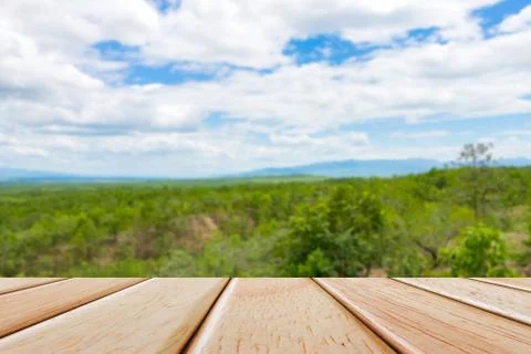 Empty Wooden deck table over blur nature background Stock Photos