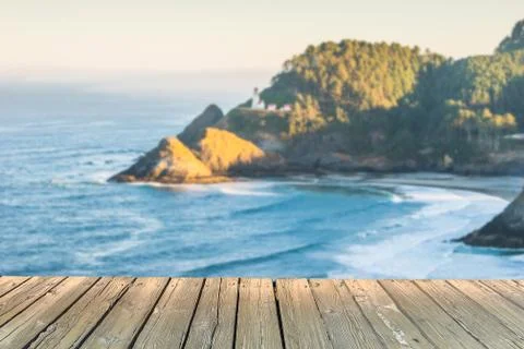 Empty wooden deck table top Ready for product display montage with scenic vie Stock Photos