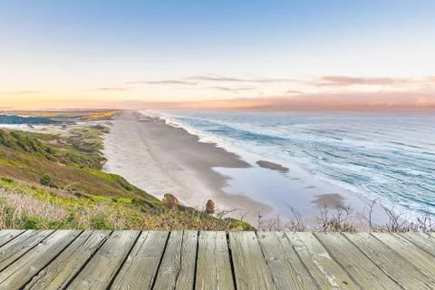 Empty wooden deck table top Ready for product display montage with scenic vie Stock Photos